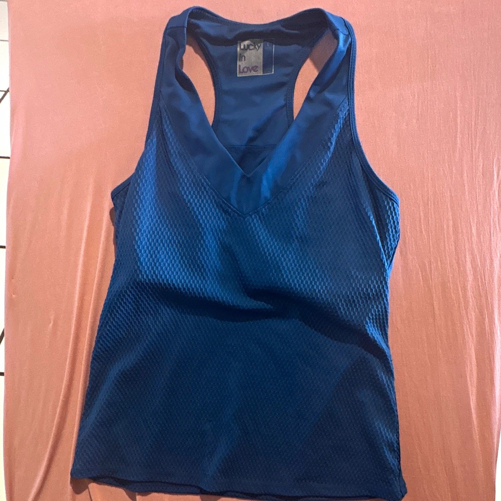 Lucky in Love Womens Blue Mesh V-Neck Racerback Athletic Tank Top L Large